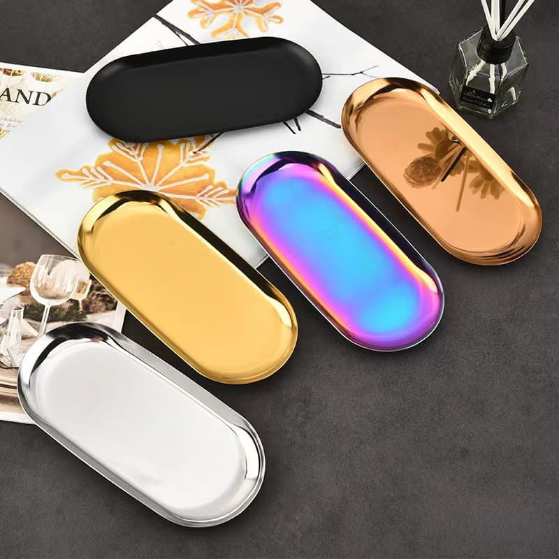 Korean ins-style stainless steel oval jewelry tray, desktop storage for cosmetics and accessories, metal dish