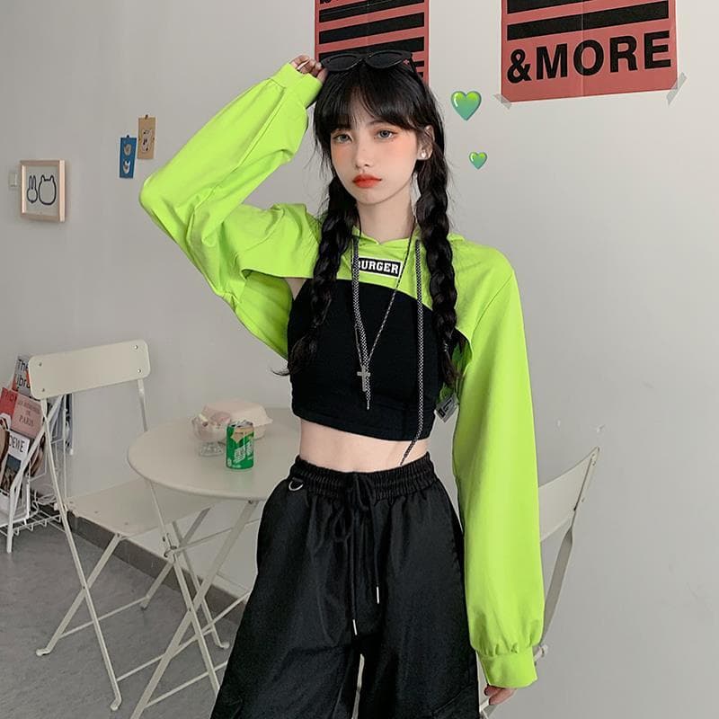 2024 New Women's High-Waisted Loose-Fit Cropped Hooded Sweatshirt Ultra-Thin Street Dance Versatile Fitness Top Crew Neck Design