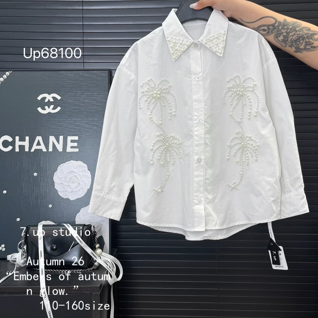Girls Autumn White Shirt European-American Style Beaded School Uniform for Big Kids, Huzhou Zhili Kids Clothing 110-160, Trendy