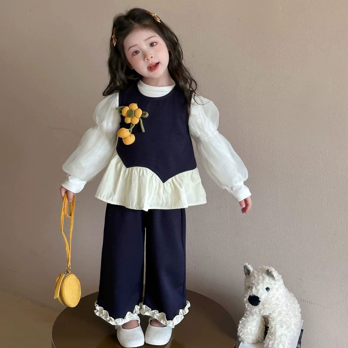 Girls' Spring/Autumn Set 2026 New Trendy Fashionable Little Girl Children's Sunflower Baby Three-Piece Set Base Top