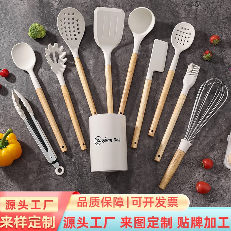 Wooden Handle Silicone Kitchen Utensils 11-Piece Set Household Silicone Spatula Soup Spoon White Storage Bucket Kitchen Utensils Cooking Set