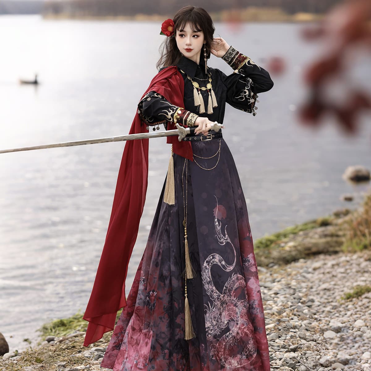 Yimengge Original Flame Dragon Hanfu Women's Chinese Style Han Element Top Skirt Waist Chain Necklace Set 9498
