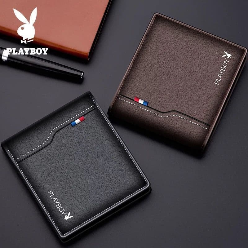 Playboy Men's Short Wallet, Leather Billfold, Driver's License Card Holder, Student Korean Style Trendy Money Clip
