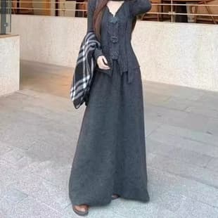 3D Floral Collar Tie Long Sleeve Knit Top High Waist Slimming Long Skirt Set for Women 2025 Spring Elegant Outfit