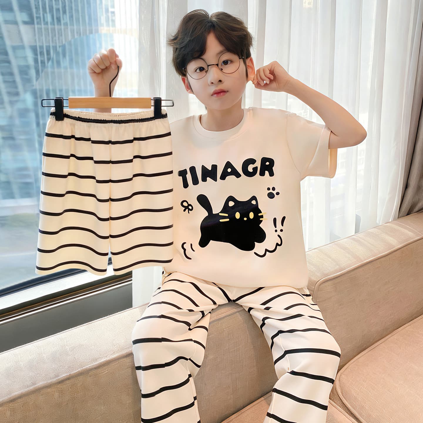 2026 Summer Boys' Pajama Set, Cotton Short Sleeve Three-Piece Kids' Homewear