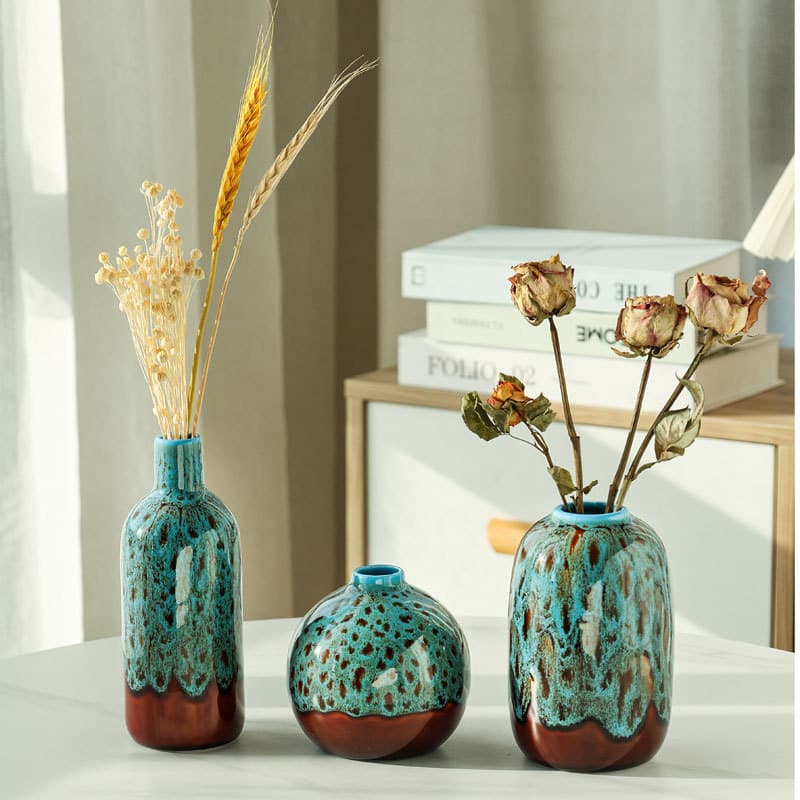 Ceramic Vase Set Matte High Texture Vase Peacock Blue Hydroponic Flower Arrangement Home Entryway Decorative Vase Ornament