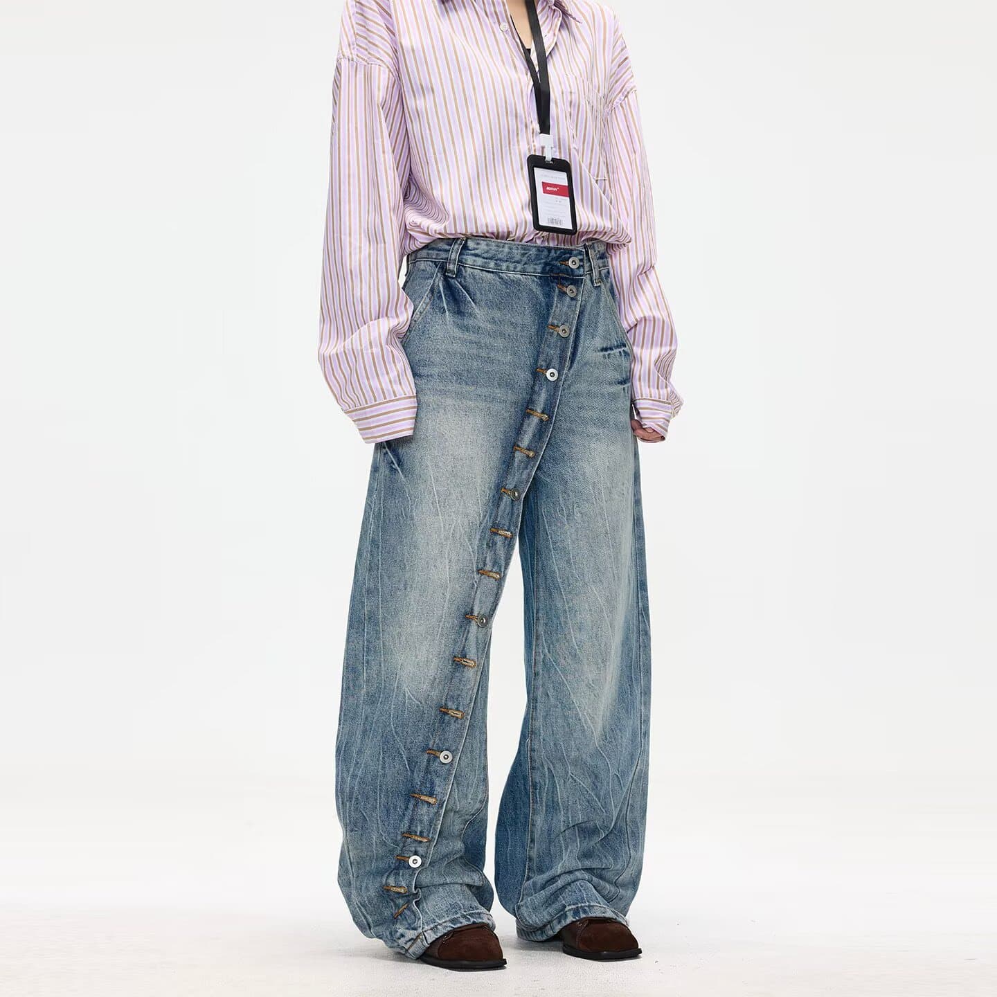 American Vintage Washed Button-Fly Flared Jeans for Men, Loose Heavyweight Casual Straight-Leg Long Pants