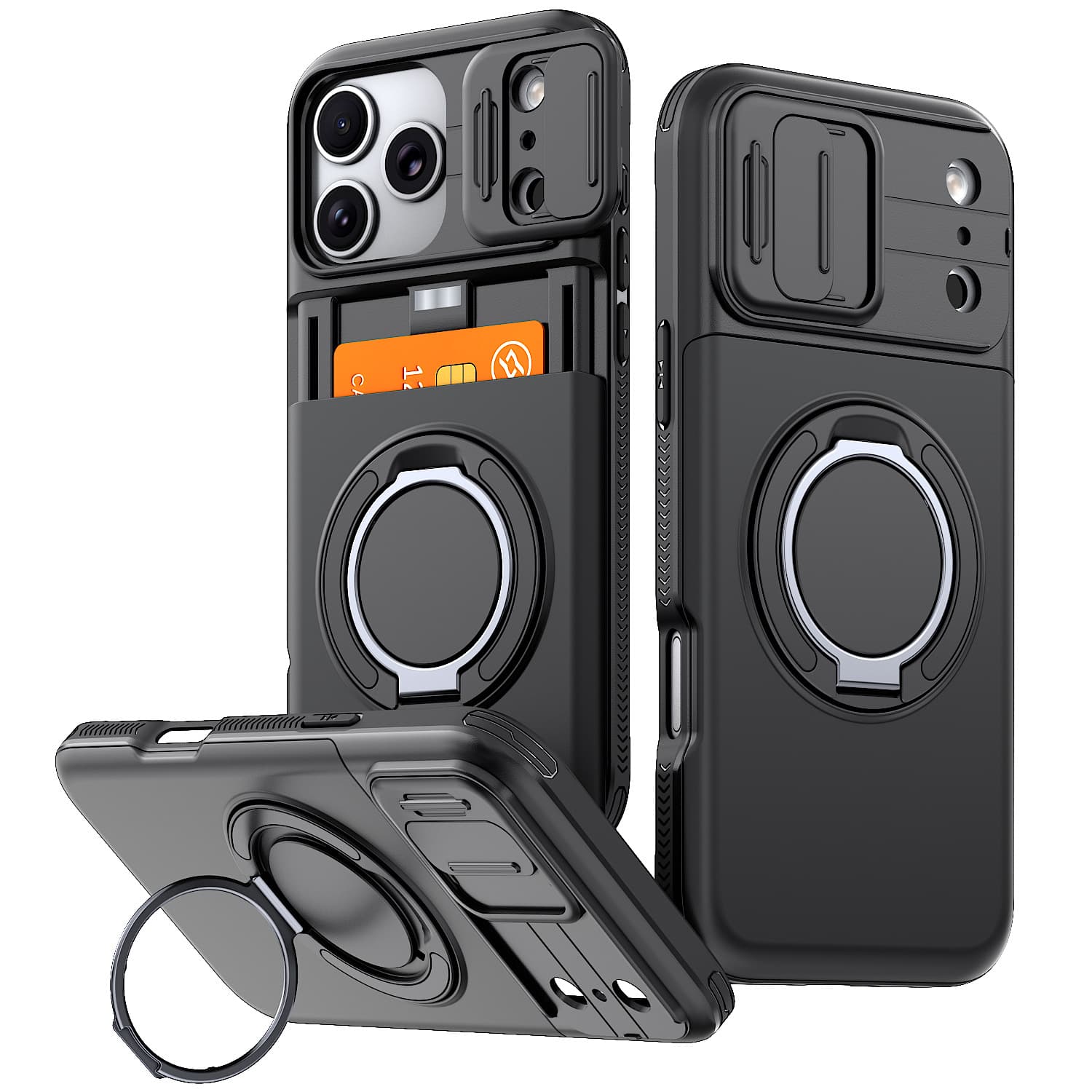 New Card Slot Sliding Window iPhone 17 Pro Max Case, Magnetic Stand iPhone 16, 15 Shockproof Cross-Border