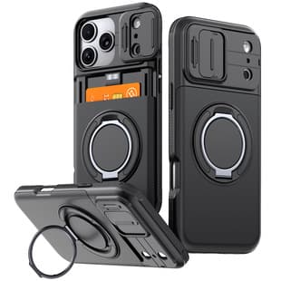 New Card Slot Sliding Window iPhone 17 Pro Max Case, Magnetic Stand iPhone 16, 15 Shockproof Cross-Border