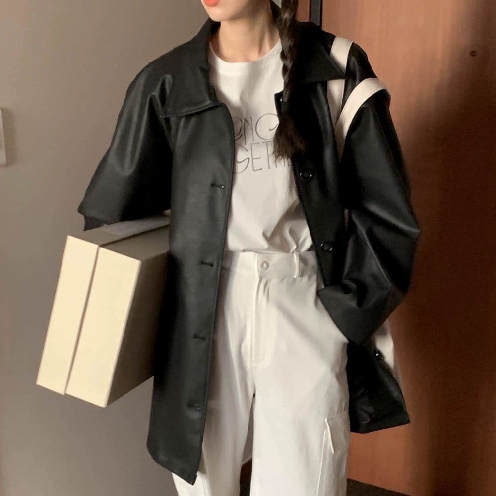 2026 New Korean Style Black Faux Leather Jacket for Women, Hong Kong Style Casual PU Leather Blazer Mid-Length Versatile Top