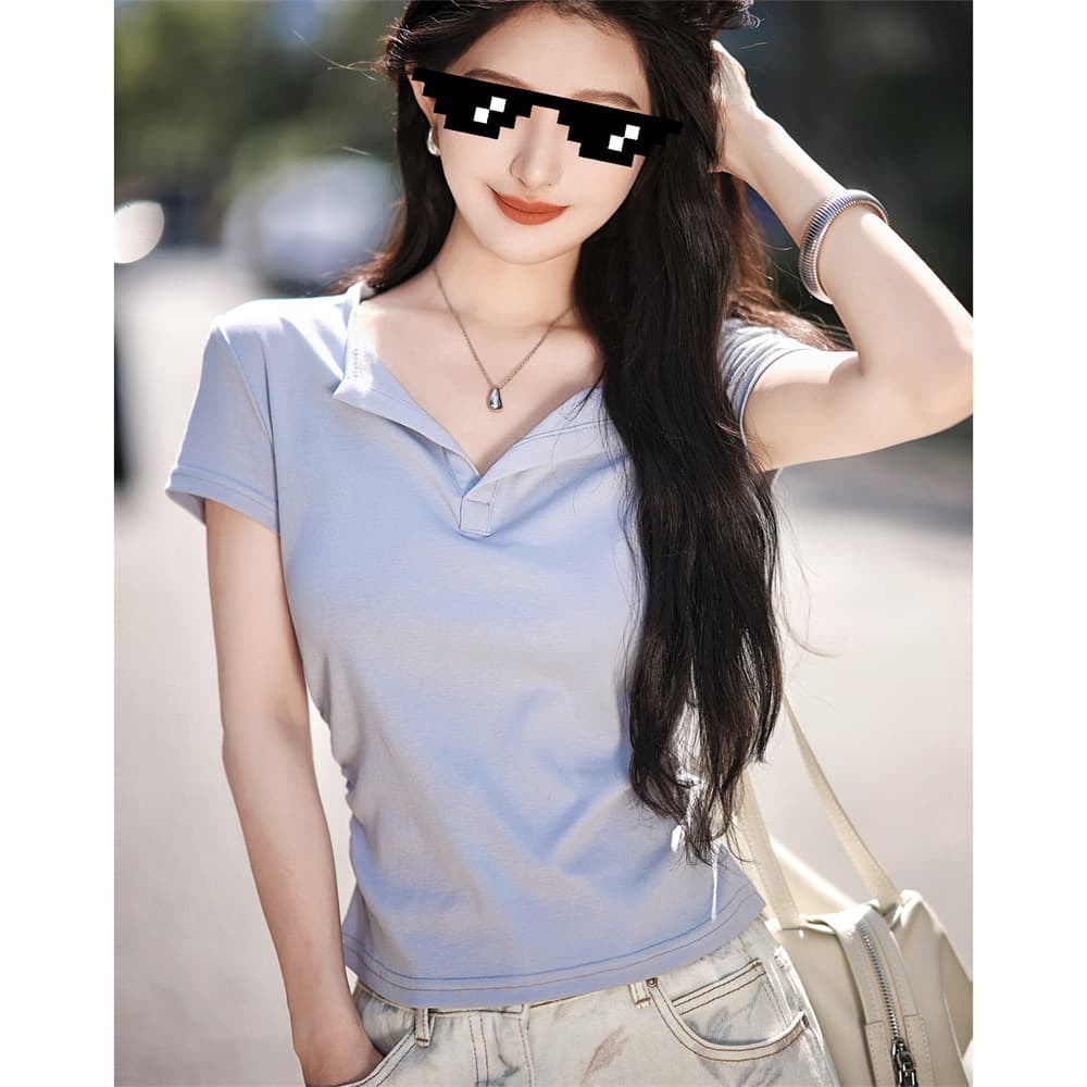 Zhao Daxi Custom [In Stock] Boss Lady Private Collection T-Shirt | V-Neck Simple T-Shirt New Style Regular Shoulder T-Shirt for Women