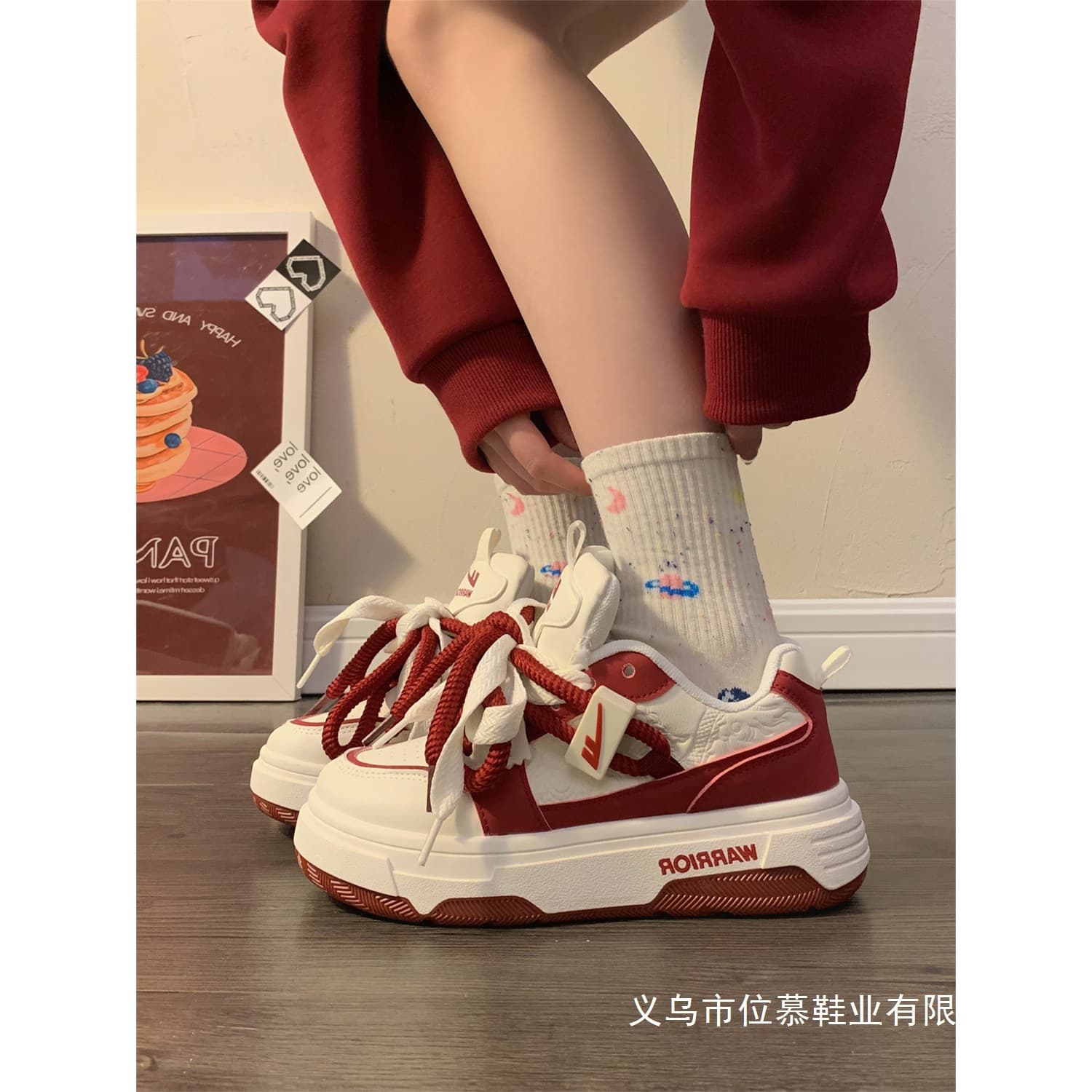 Warrior White Shoes Women's New Chunky Sole Red Mesh Upper Women's Summer Sports Skate Shoes