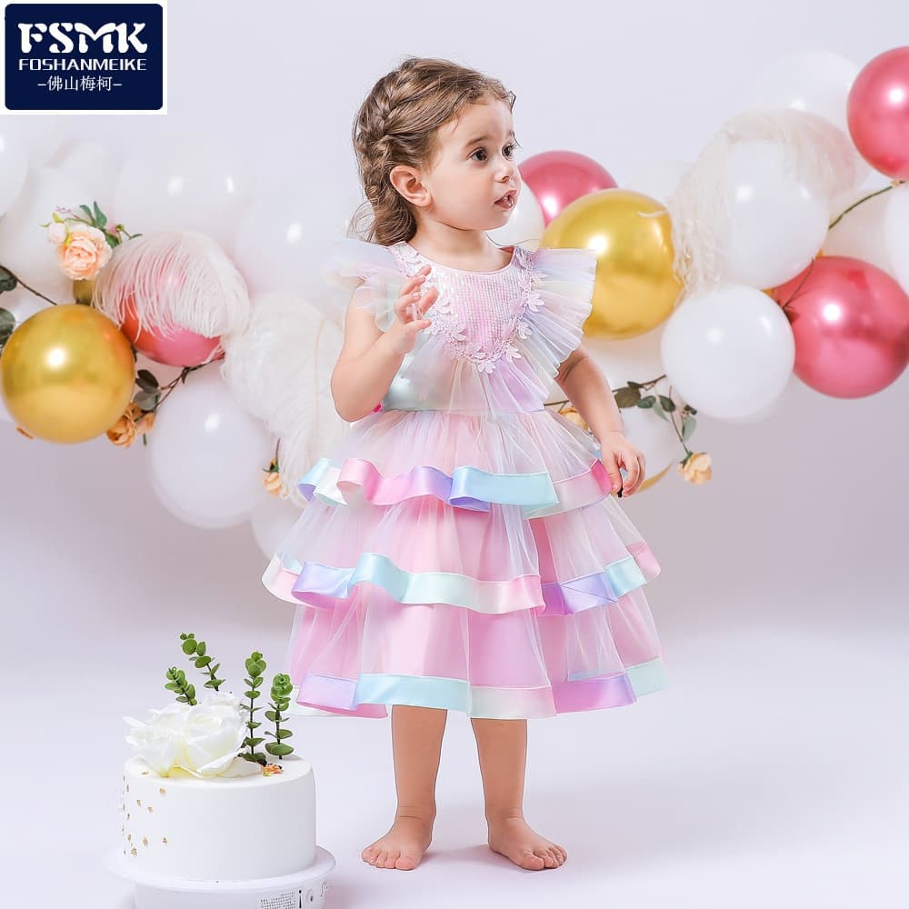 2026 New Children's Gown Sequins Colorful Multi-Layer Cake Tutu Dress Birthday Party Performance Costume