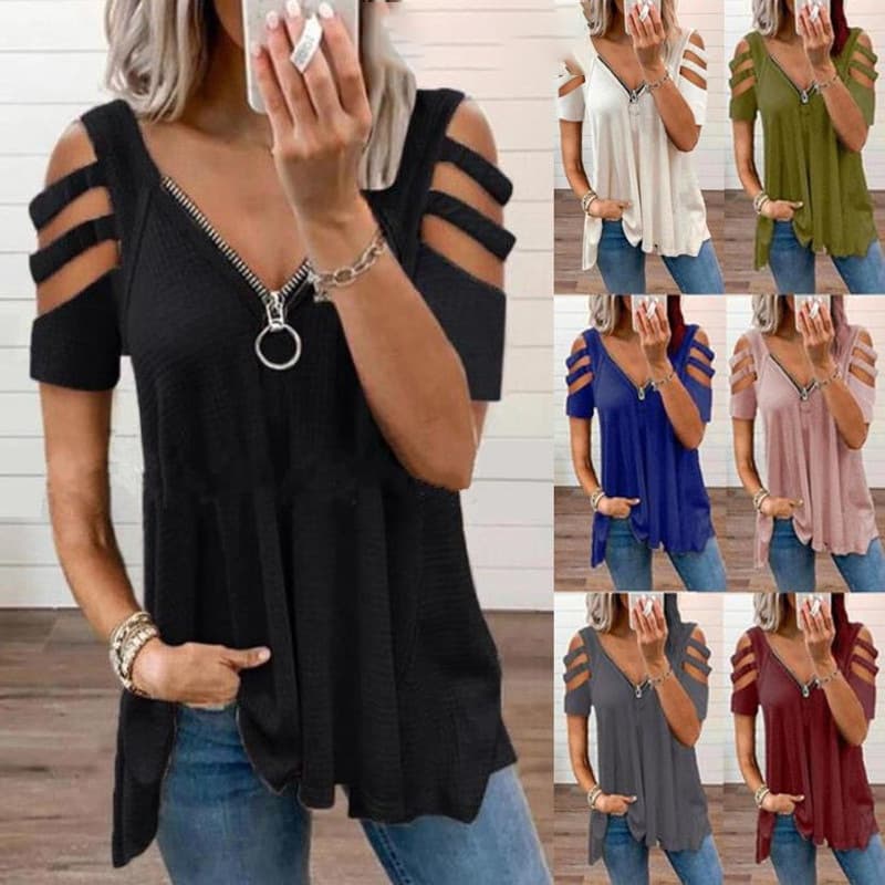 2022 Summer European and American Cross-Border New Amazon Hot-Selling Off-Shoulder Short-Sleeve V-Neck Zipper Solid Color T-Shirt Top for Women