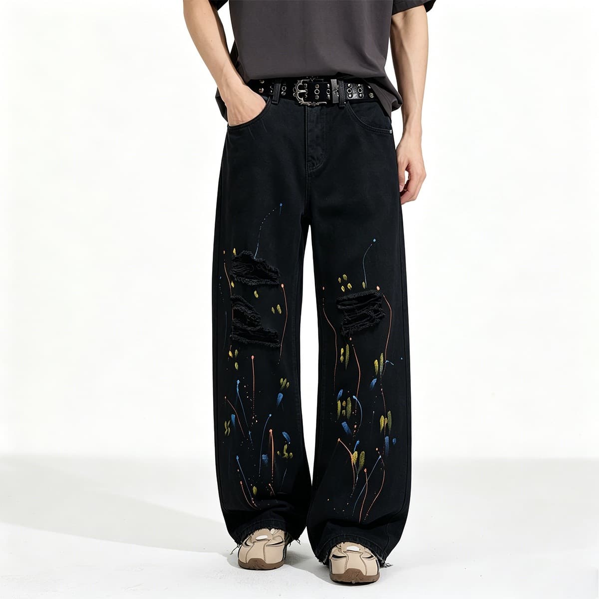 American Dark Style Jeans Unisex Black Splatter Graffiti Large Ripped Loose Wide Leg Floor-Length Pants Trendy