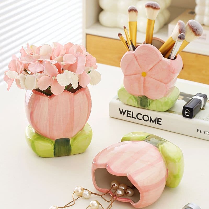 Flower Pen Holder Ceramic Desktop Cute Pen Stand Office Stationery Organizer Kids Student Creative Decoration