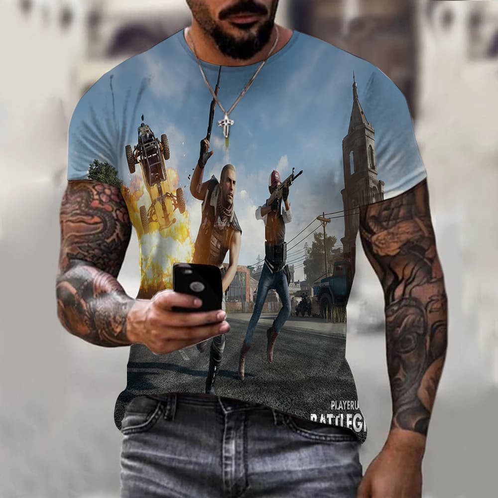 Summer PUBG Cartoon T-Shirt for Men, Chicken Dinner Game Apparel, Slim Fit Round Neck Short Sleeve, In Stock