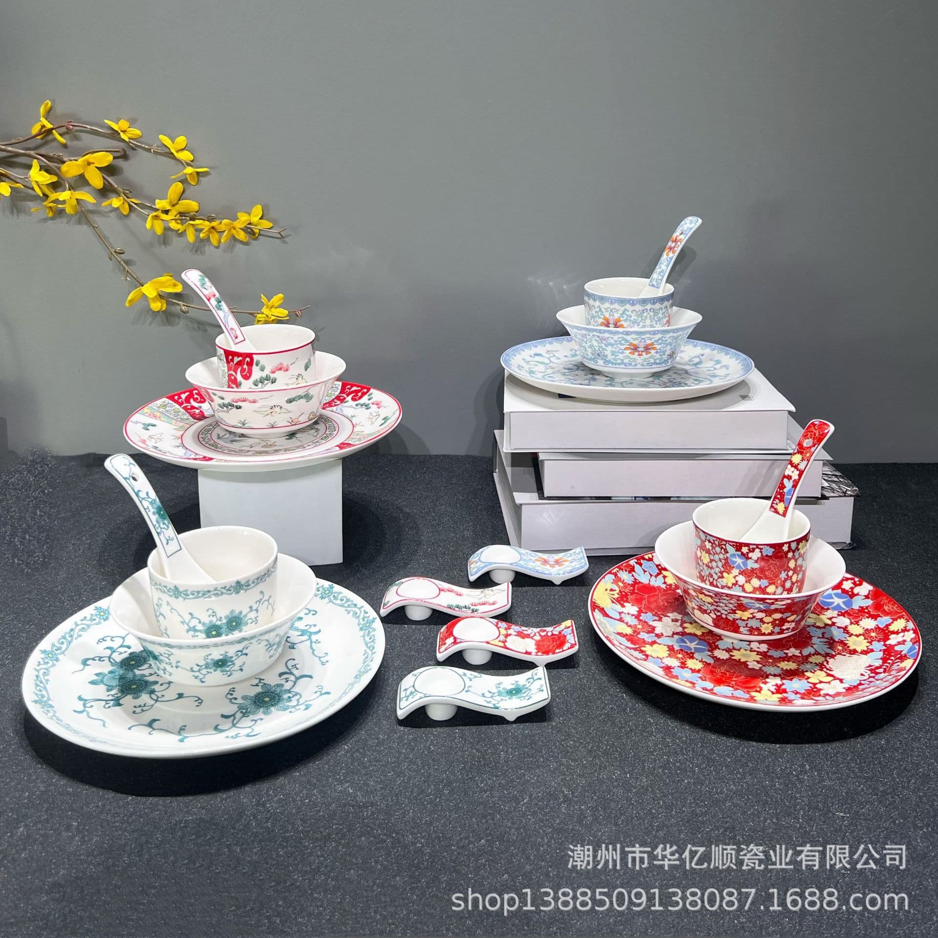 New Chinese style ceramic hotel tableware set hotel club restaurant bone plate bowl spoon chopstick holder enamel color relief