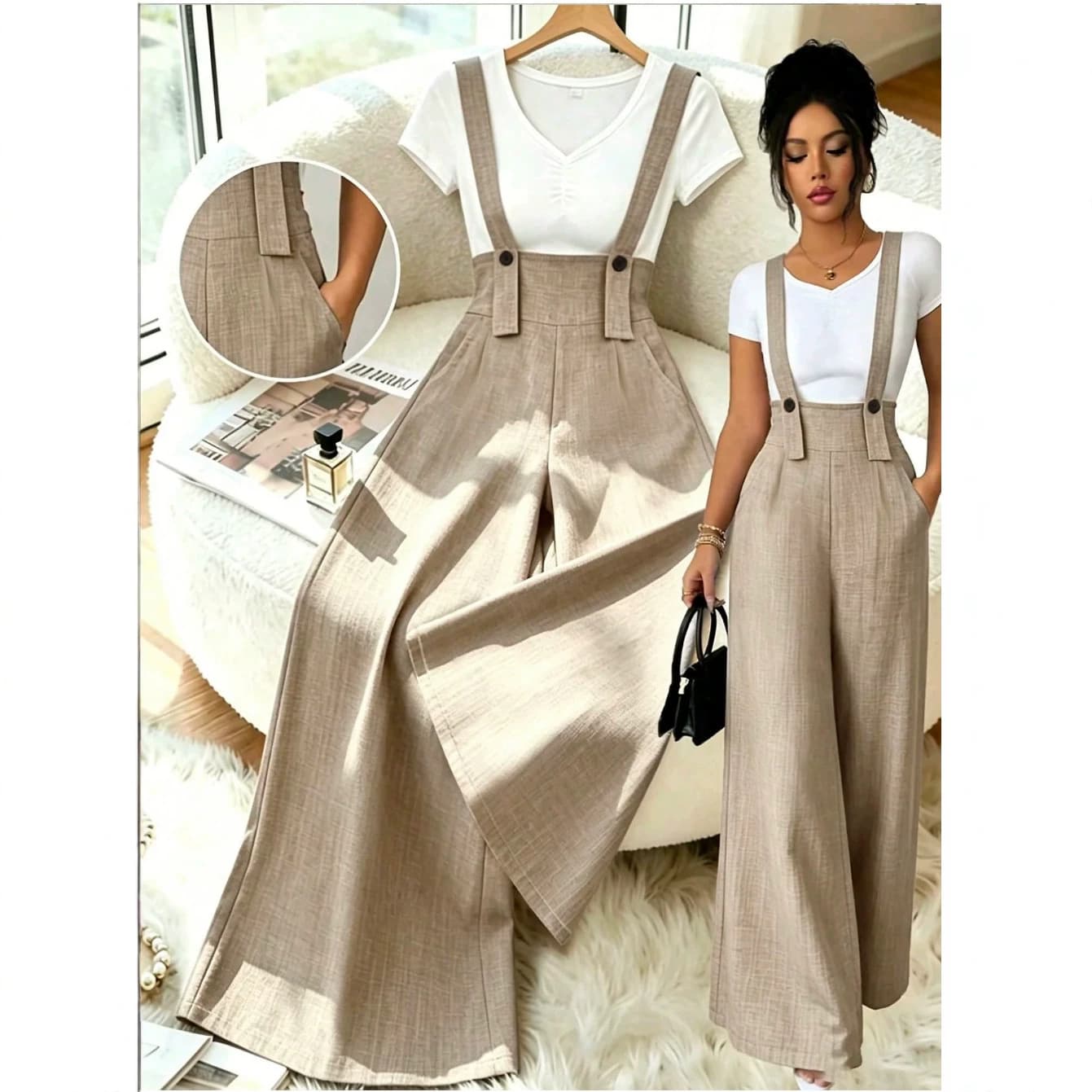 European and American cross-border women's casual and elegant buttoned mid-waist wide-leg pants overalls