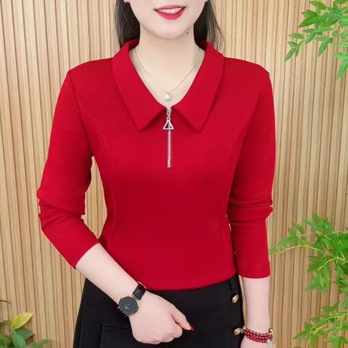 Collar New Long-Sleeve Shirt Base Layer Fashion Spring/Autumn Zipper Solid Color Elegant Stylish Casual T-Shirt Trendy Southeast Asia