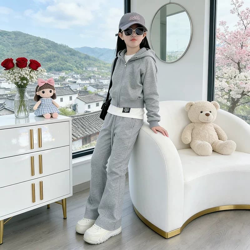 Girls Early Autumn Outfit 3-Piece Set Big Girl Sportswear Kids Fall Korean Hoodie and Sweatpants Set