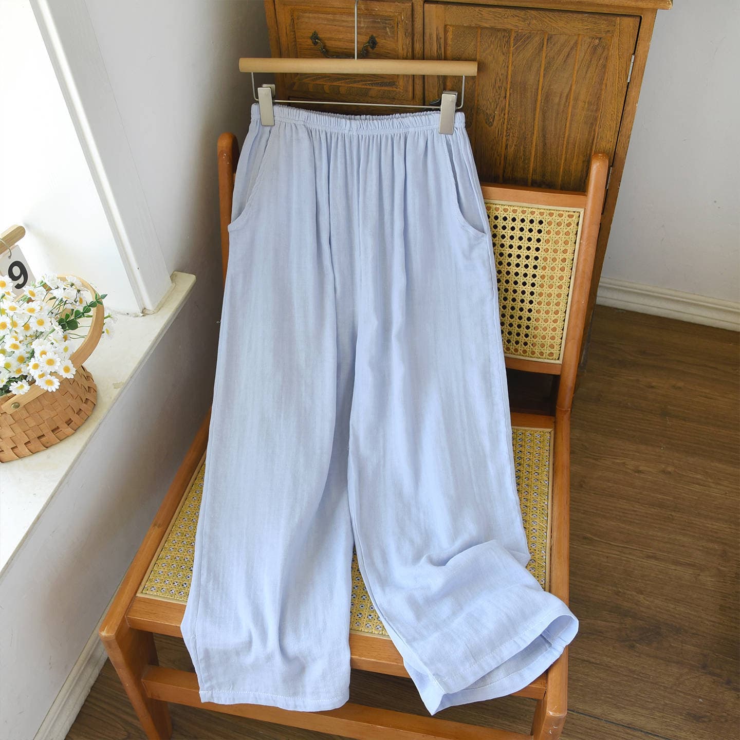 Pure Cotton Gauze Pajama Pants for Women, Cropped Trousers, Summer Lightweight, Fresh Blue, Straight Leg, Loose Fit, Casual Loungewear