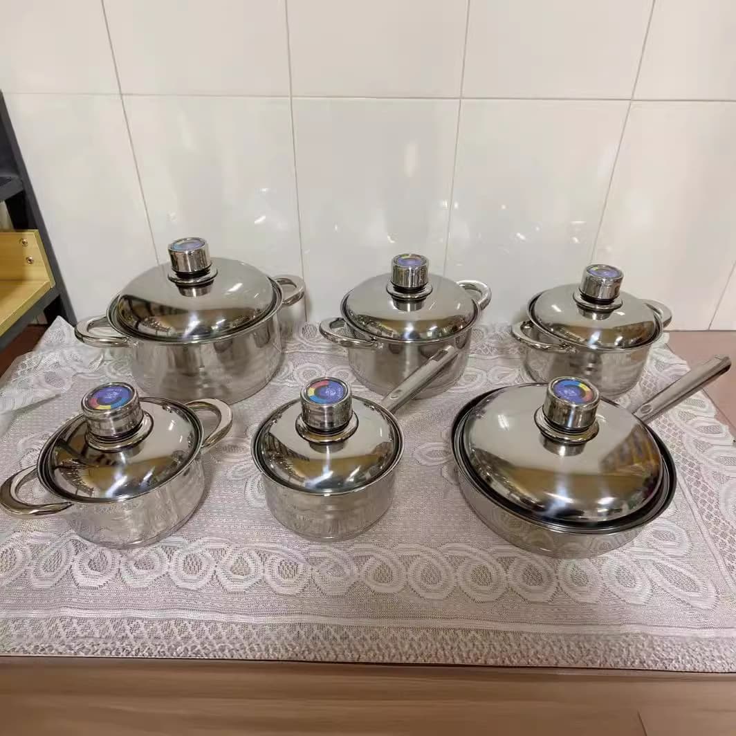 Cross-border e-commerce stainless steel double-bottom twelve-piece pot pot pot six-piece set with steel lid foreign trade