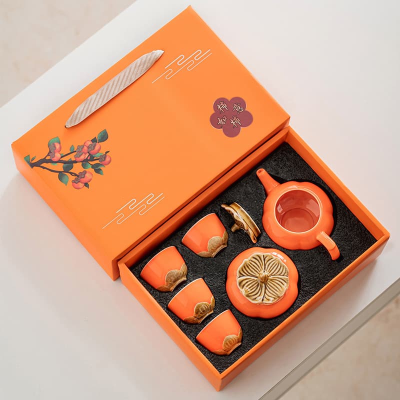 Customizable Persimmon "Everything Goes Well" Ceramic Tea Set Gift Box (Pot & Cups) - Complete Souvenir Set