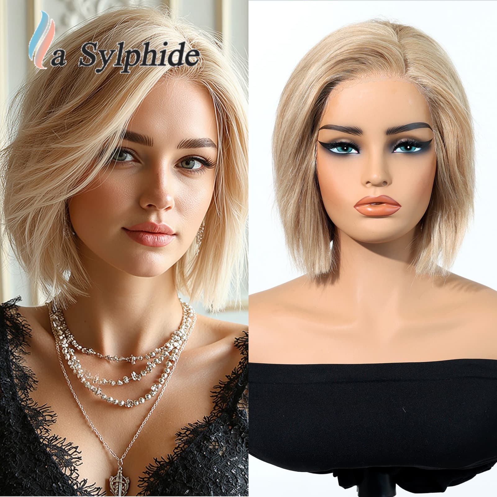 Wig for Women, Full Head Cover, Parted, Gold-Pink Bobo, Medium-Long Straight Hair, Smooth Hair, 13*4 Front Lace, Real Human Hair