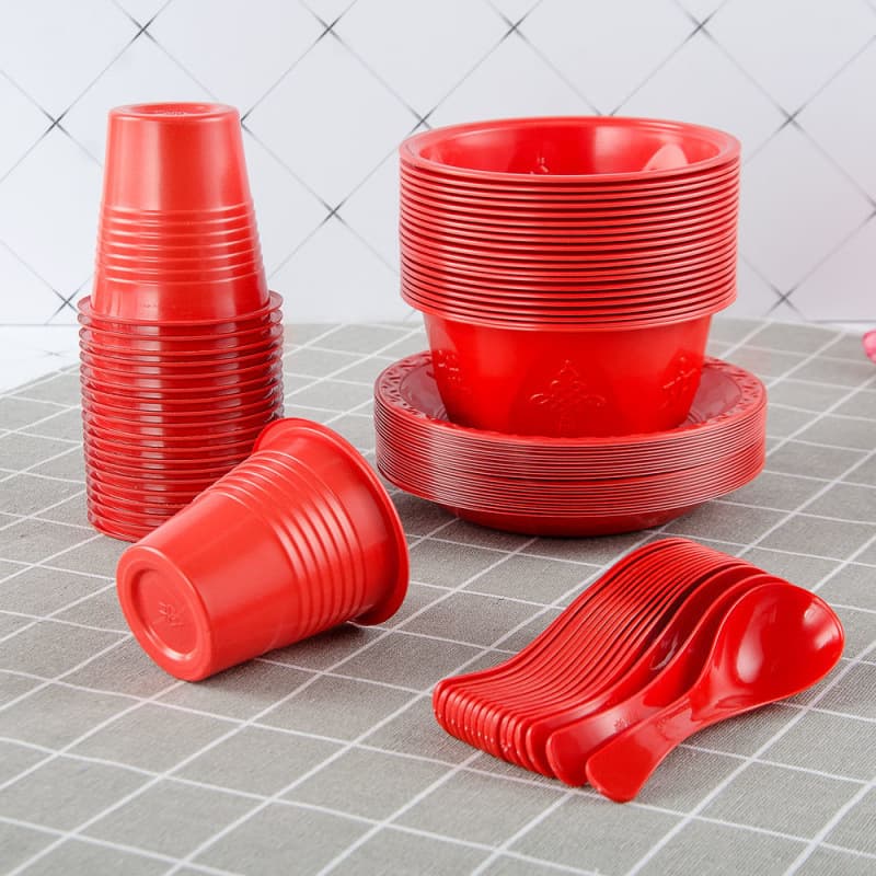 Disposable Bowls and Chopsticks Set Banquet Household Eco-Friendly Thickened Cup Plate Spoon Wedding Banquet Red Plastic Tableware Bowl