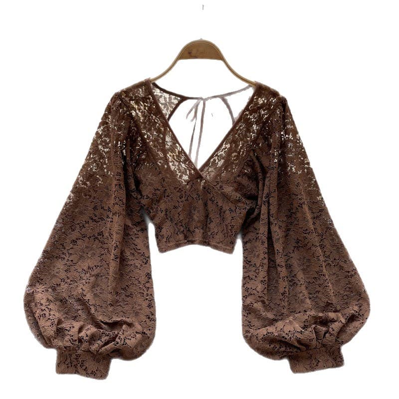 Lace-up Backless Slim Fit Short See-through Crochet Lace Top Autumn New Korean Style Chic Top Women