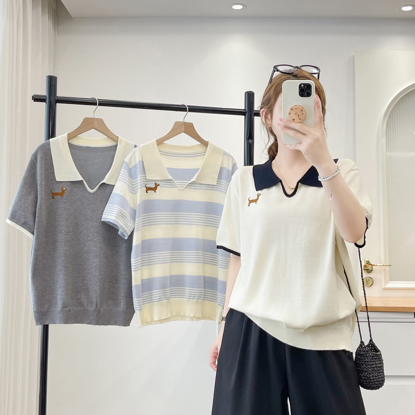 Women's Plus Size Short-Sleeved Knit Top 2026 Summer New Korean Style Age-Defying Lapel Dog Embroidery Ice Silk Half-Sleeve Blouse