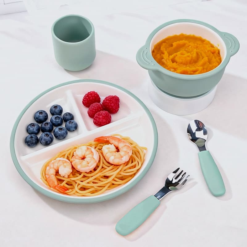 Best-selling Baby Food Silicone Plate Bowl Fork Spoon Bib Drop-resistant Ceramic Plate Feeding Set