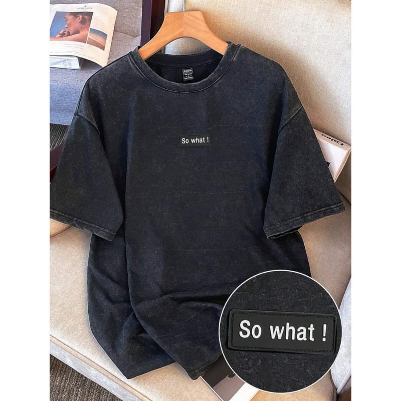 Claim Dot Black Casual Minimalist Washed Effect T-Shirt With