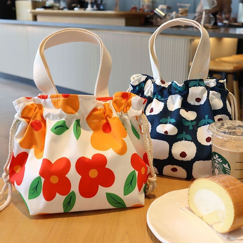 Cord Drawstring Canvas Lunch Box Bag Street Style Medium Size Soft Polyester Lining Oval Shape Handheld Work Lunch Bag