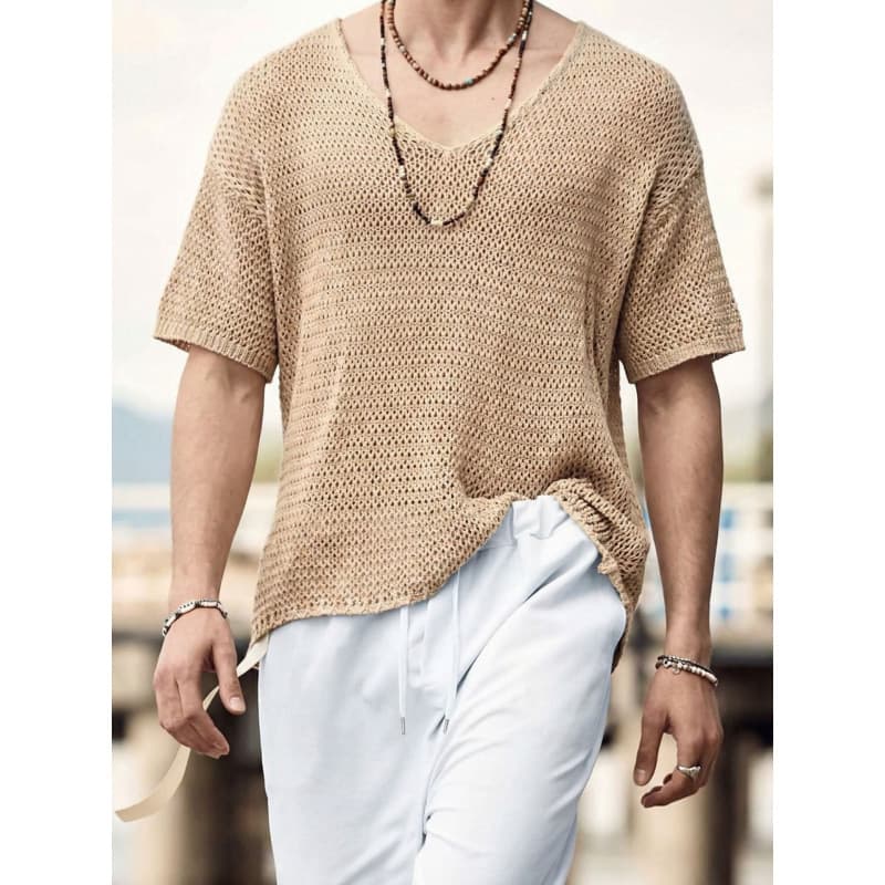 Cross-border European and American style V-neck sweaters for men solid color long-sleeved knitted tops spring and autumn new sweaters for men cross-border short-sleeved