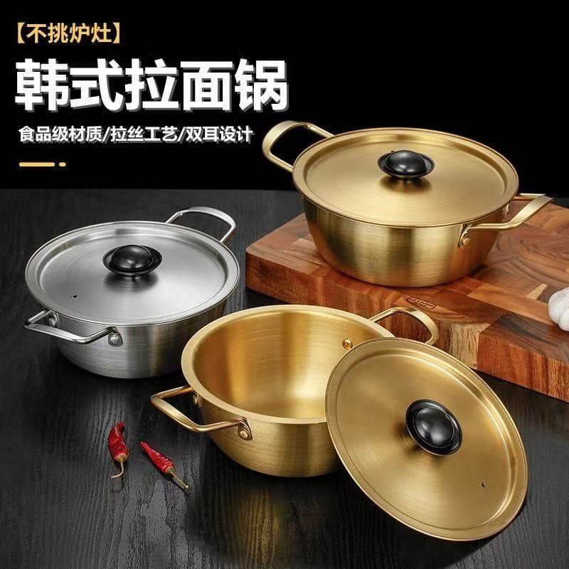 Korean-style stainless steel instant noodle pot, gold, double ear handles, dry pot, single-serving hot pot pot, household gas soup pot, direct sale