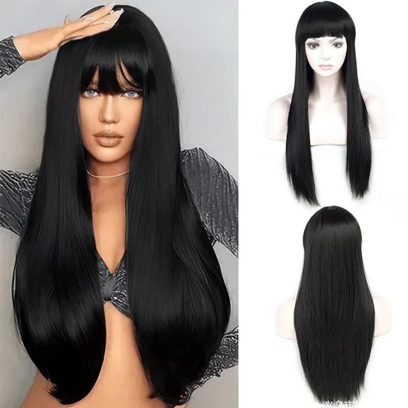 Cosplay wig universal full bangs black long straight anime wig headgear 70cm high temperature silk long straight hair headgear