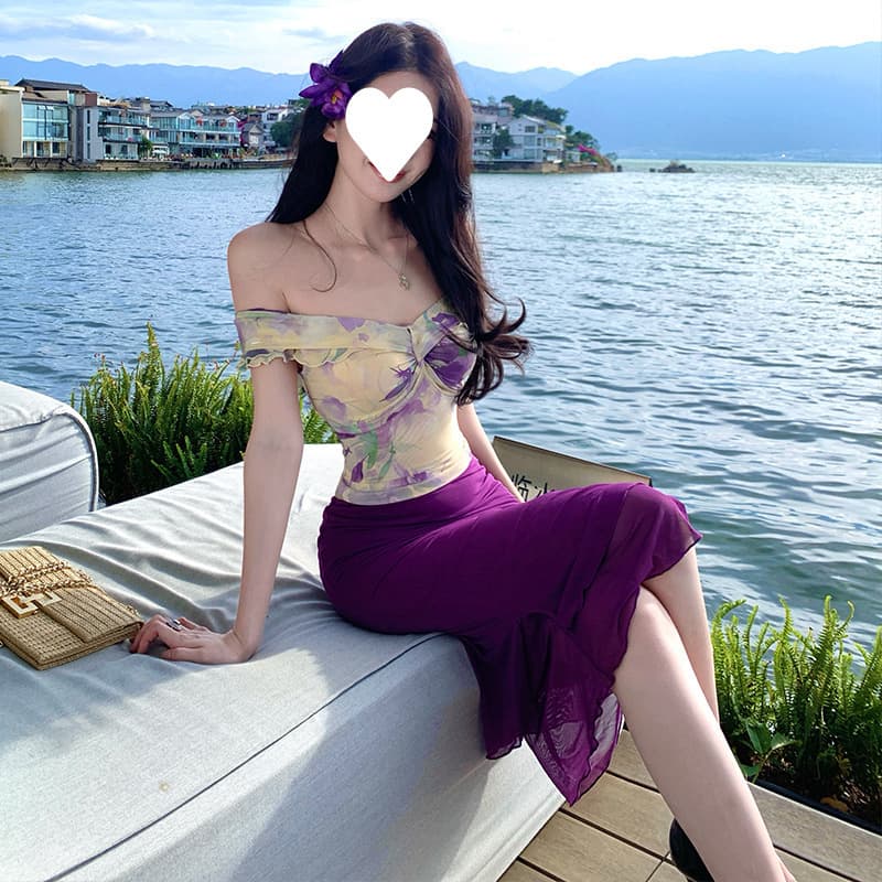Pure Desire Hot Girl Suit Women's Summer Beautiful Floral One-shoulder Top and Purple Skirt Royal Sister Two-piece Set