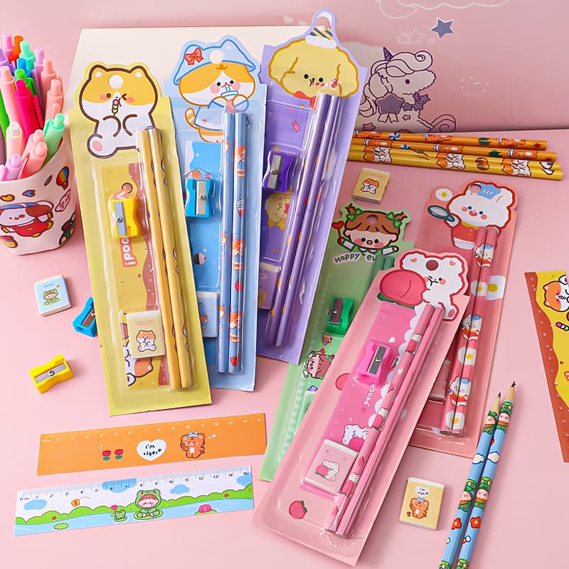 Cartoon Pencil Set Student Learning Stationery Five-Piece Set Children's High-Aesthetics Back-to-School Gift Kindergarten Small Prizes