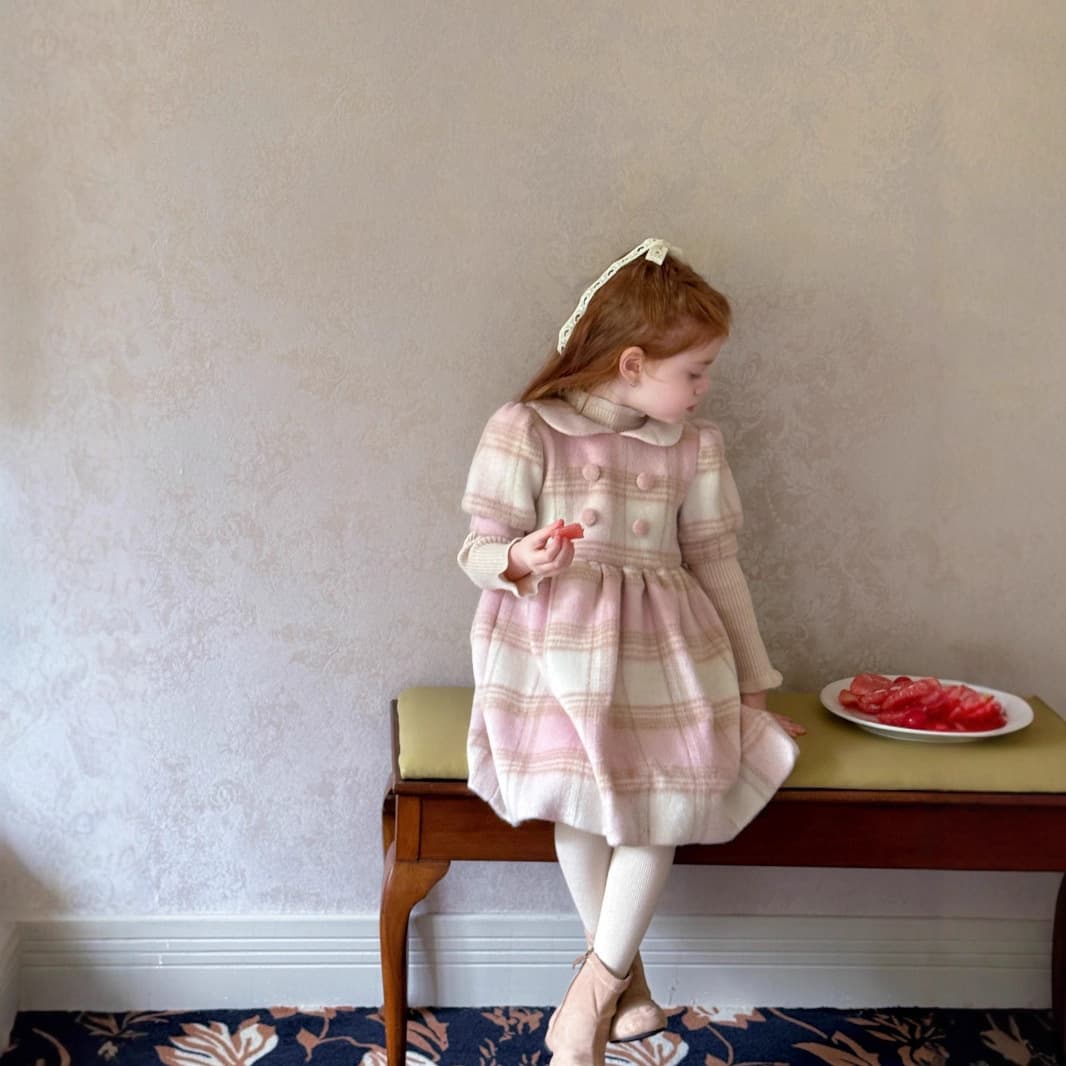 Orange Joy 2025 Winter Girls' Pink Plaid Peter Pan Collar Padded Thick Dress, Stylish and Elegant Princess Dress