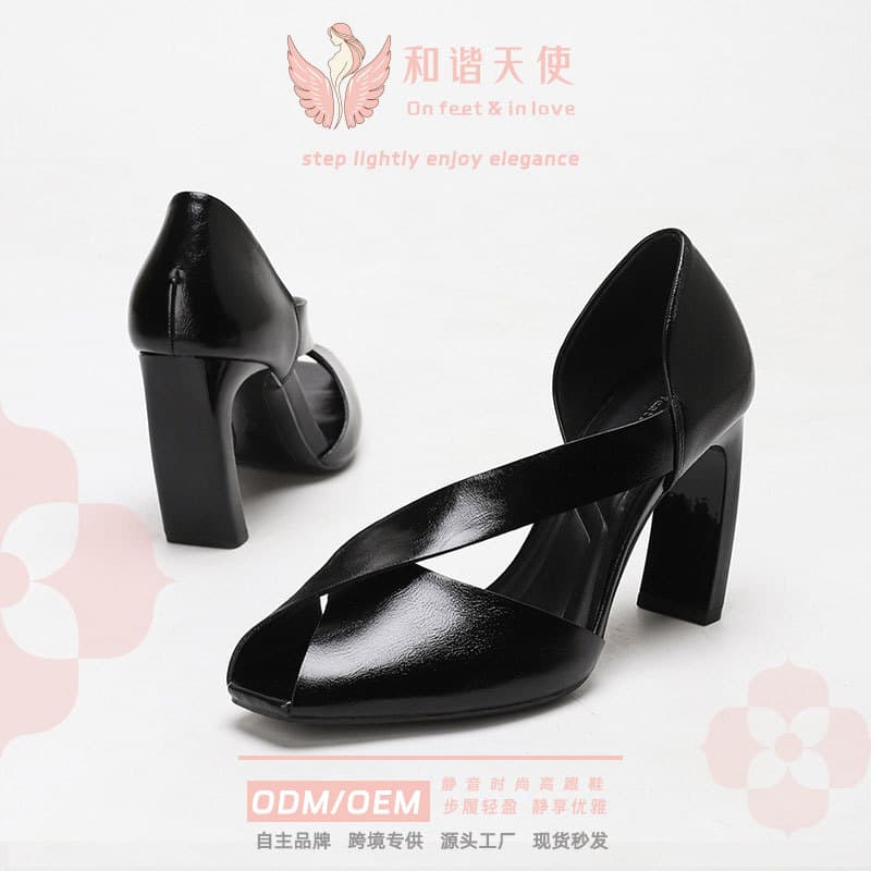 Waxed Leather Peep-Toe High Heel Sandals, Silent Chunky Heel Commute High Heels, In Stock, Closed-Toe Silent High Heels