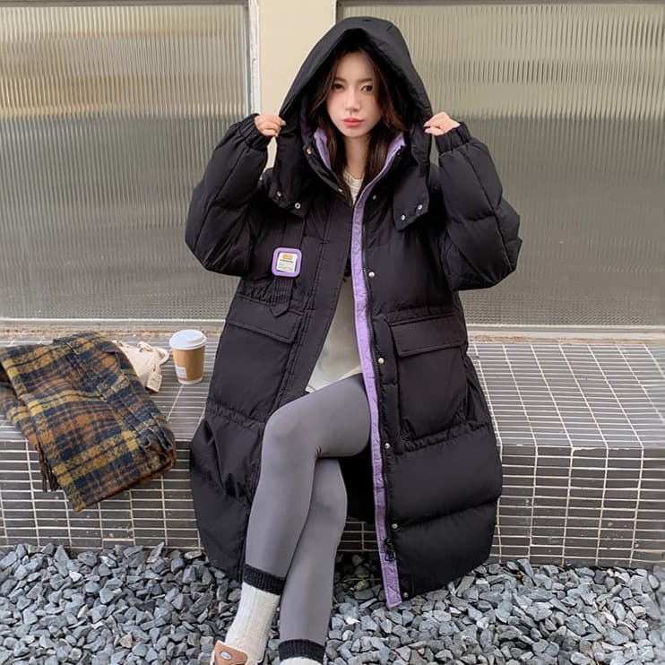 2025 New Korean Style Plus-Size Angora Red Color-Block Long Loose Winter Down Jacket 230