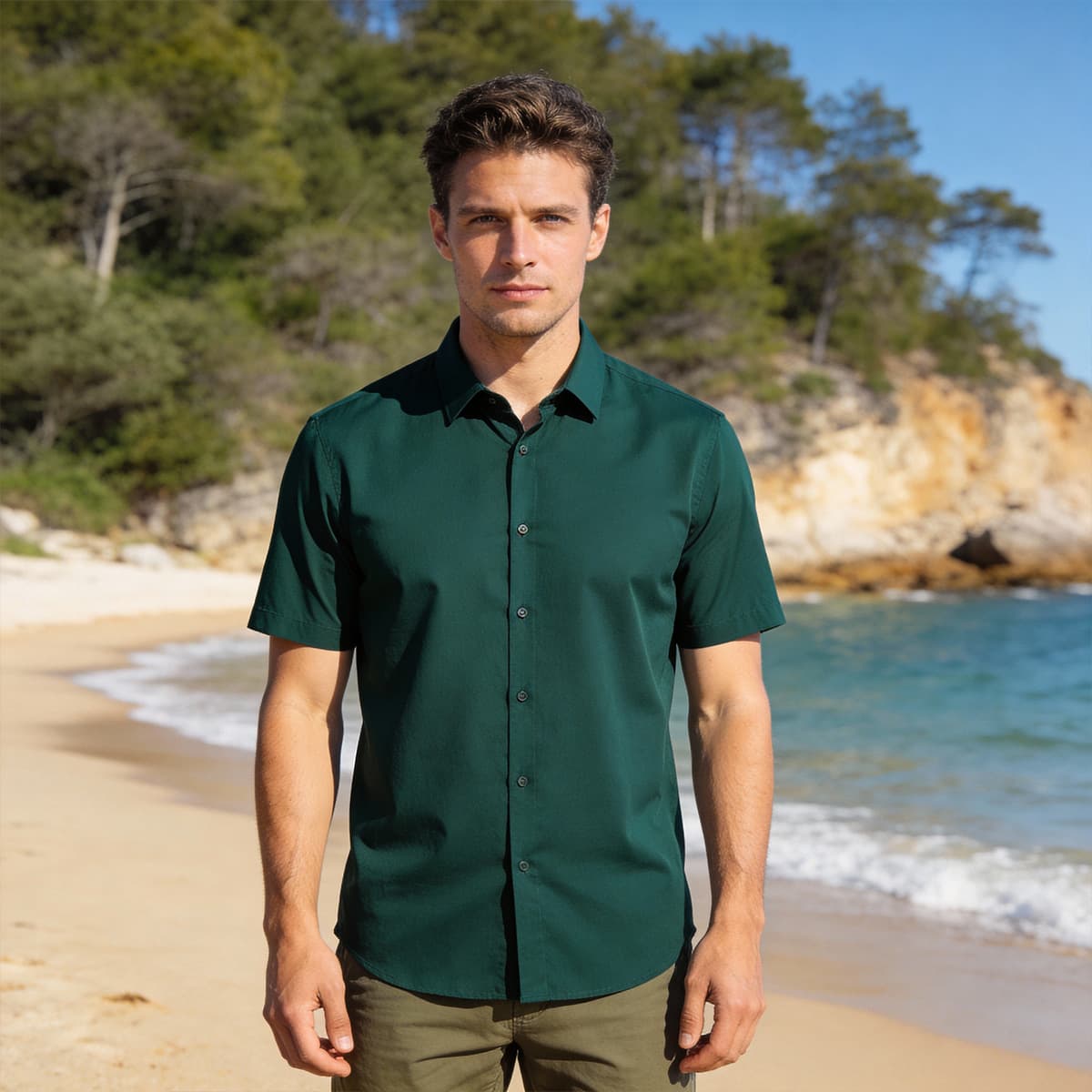 Men's Wrinkle-Resistant Stretch Slim Fit Business Casual Short Sleeve Shirt Professional Wear