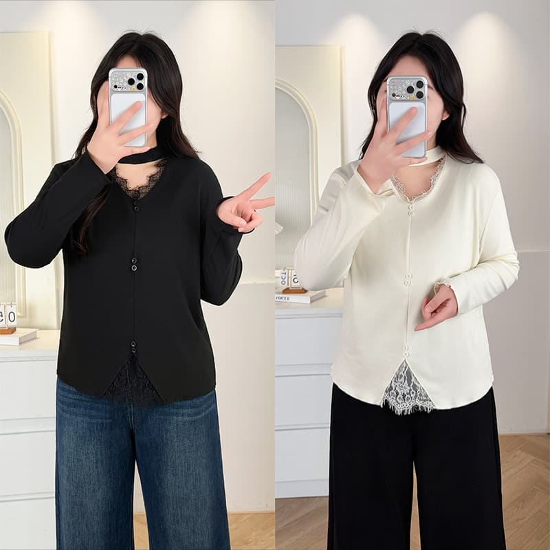Lace long-sleeved bottoming shirt 2026 spring plus size women's clothing fat MM 200 pounds slim slimming bottoming shirt top fashion