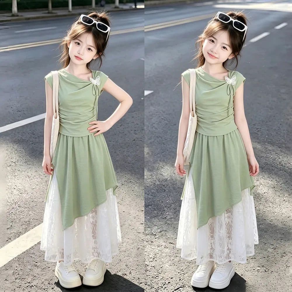 Girls summer fresh mint green short-sleeved skirt suit 2026 middle and older children sweet style top and skirt two-piece set