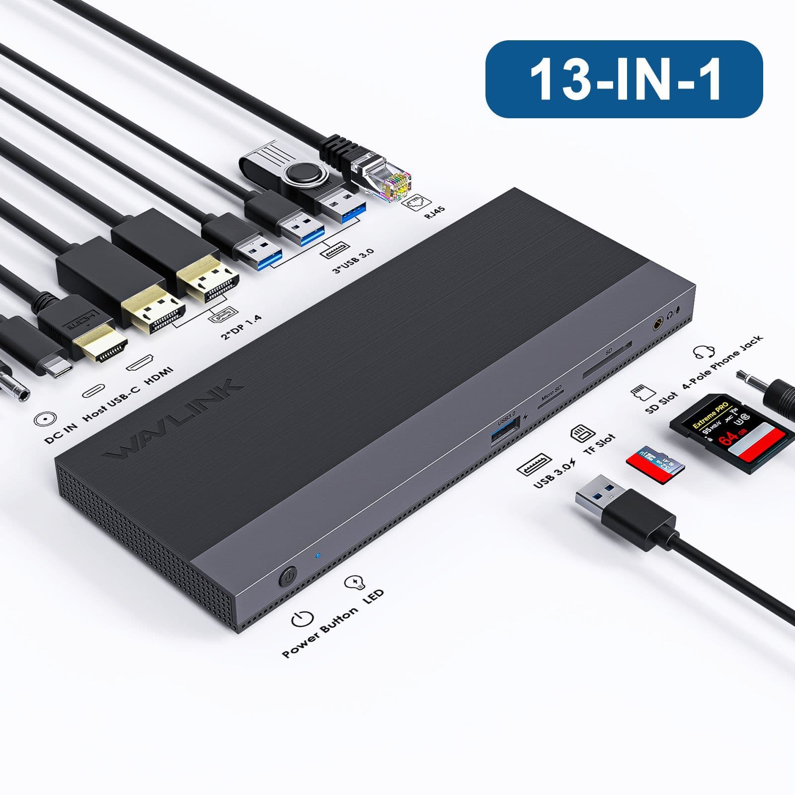 WAVLINK 65W Charging 13-in-1 Laptop Docking Station with 4 USB 3.0 Ports and SD/TF Card Reader