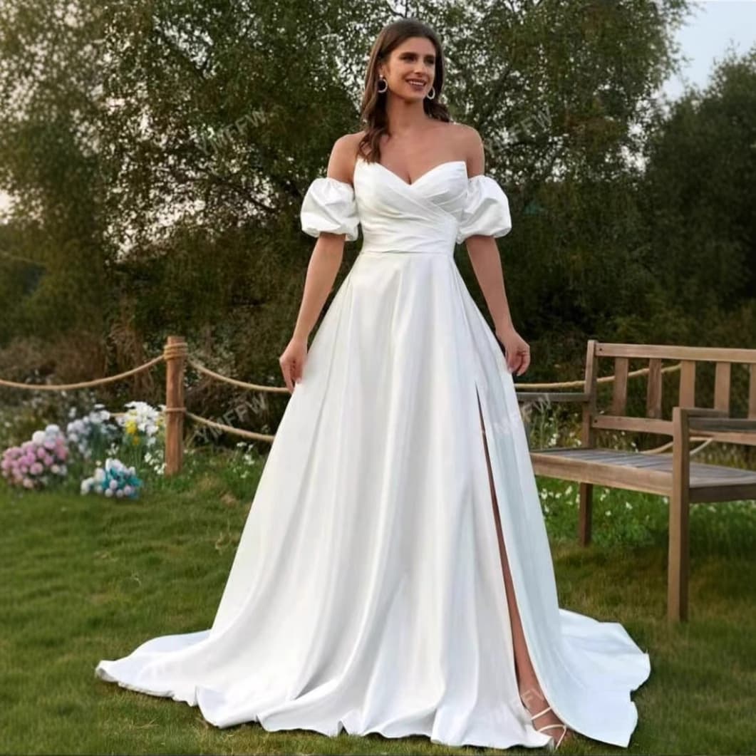 AliExpress Cross-border Wedding Dress Satin Puff Sleeve Bride Wedding Going-out Gown Simple Fashion Strapless Guest Reception Dress