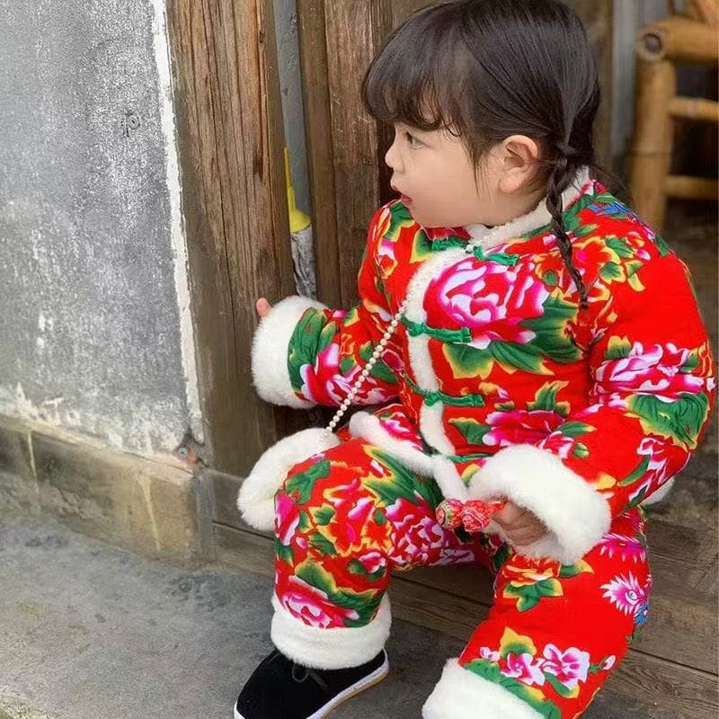 Northeastern Floral Padded Cotton Children's Set, Baby Winter Cotton Jacket, Boys and Girls Chinese New Year Outfit, Thick Padded Performance Costume