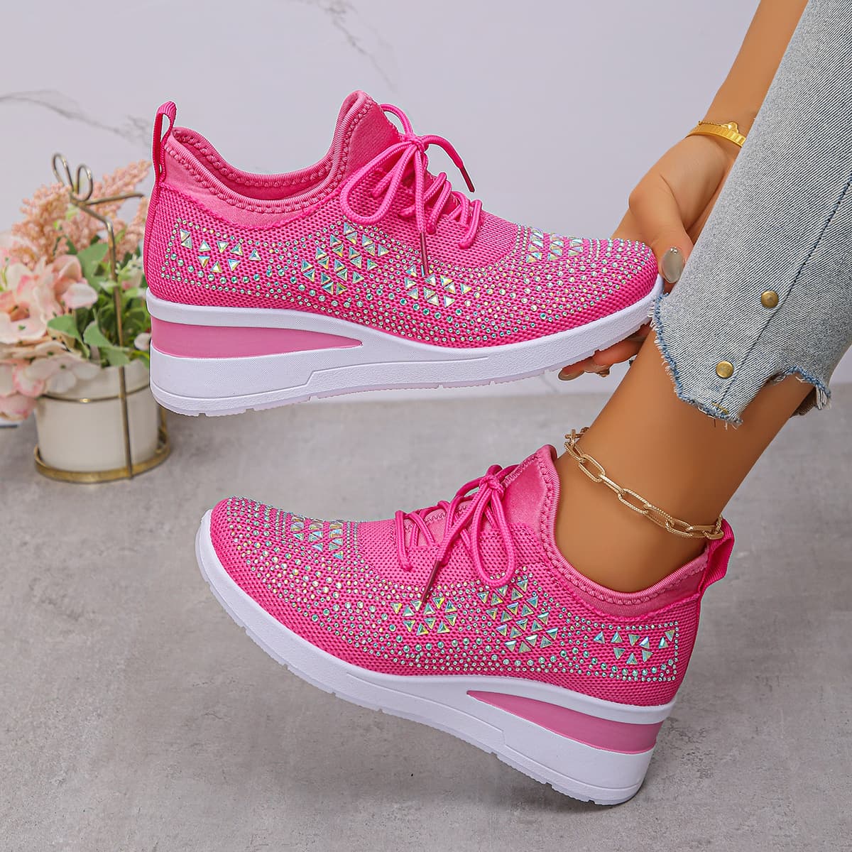 Cross-border Rhinestone Lace-up Women's Casual Shoes Low-top Fashion Wedge Heel Lace-up Flyknit Women's Sports Shoes